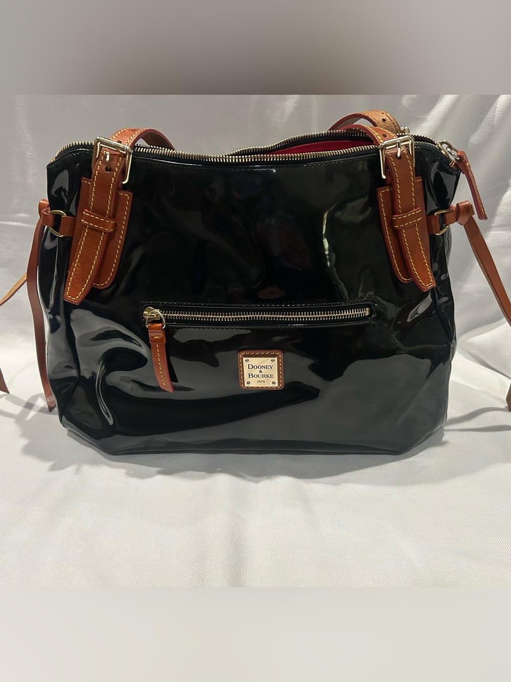 Dooney & Bourke Black Patent Shoulder Bag with Brown Trim